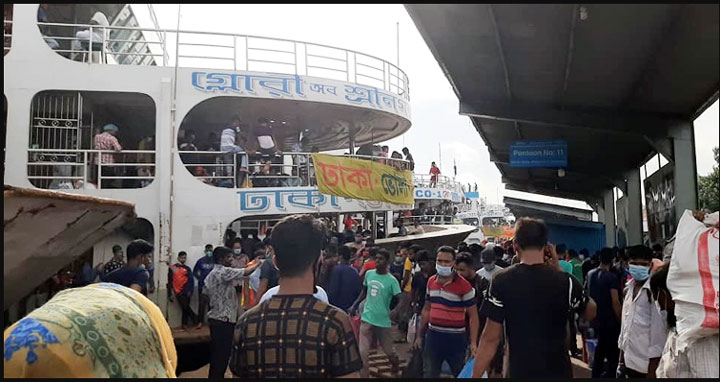 সদরঘাটে ঘরমুখো মানুষের ঢল, নেই স্বাস্থ্যবিধির তোয়াক্কা