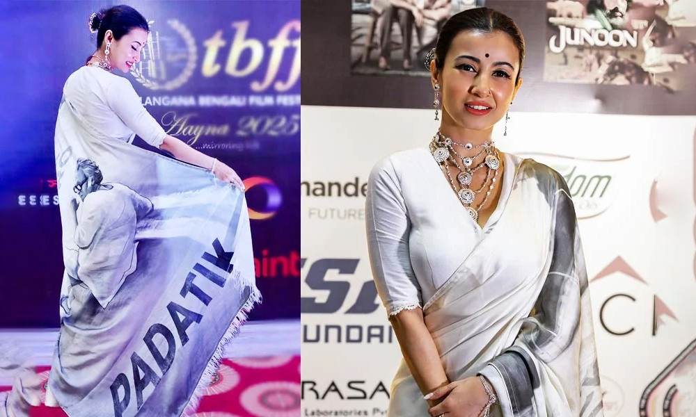 আঁচলজুড়ে ‘পদাতিক’, লাল গালিচায় তাক লাগালেন অভিনেত্রী